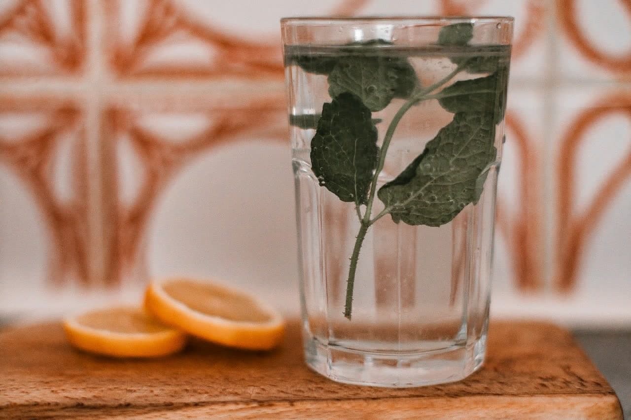 Ahşap tahtada bir bardak suda yüzen nane yaprakları, yanında limon dilimleri