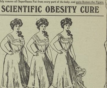 1908 tarihli 'Figuroids: Bilimsel Obezite Kürü' reklamı; üç kadın figürü art arda daha ince gösteriliyor