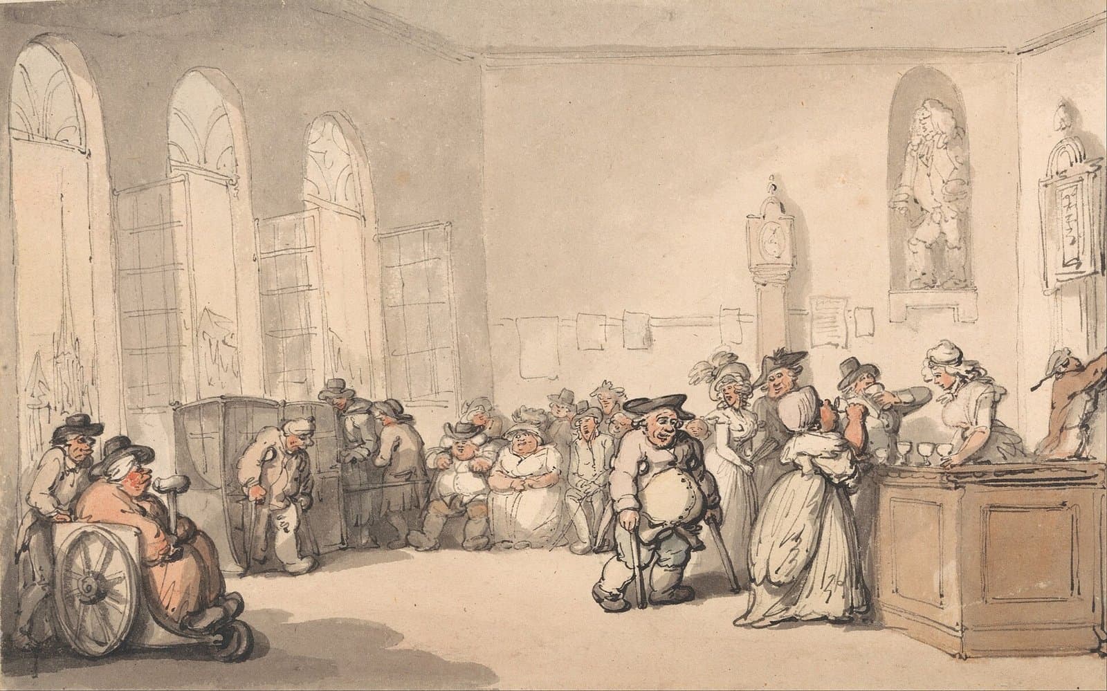 Rowlandson'ın karikatüründe Bath'ın su salonunda maden suyu içen kalabalık