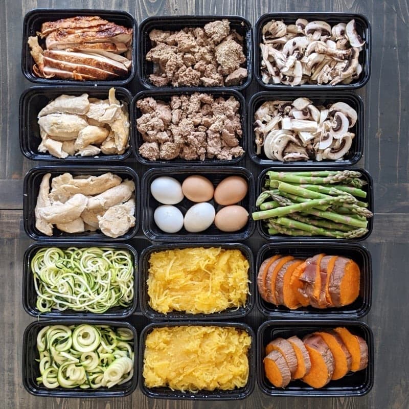 Haftalık meal-prep kapları — tavuk, kıyma, mantar ve sebzelerle sporcu beslenmesi