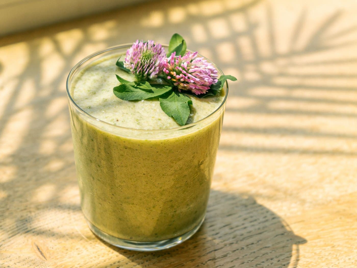 Kısa bardakta açık yeşil smoothie, üzerinde yonca çiçeği ve taze yapraklar, gün ışığında
