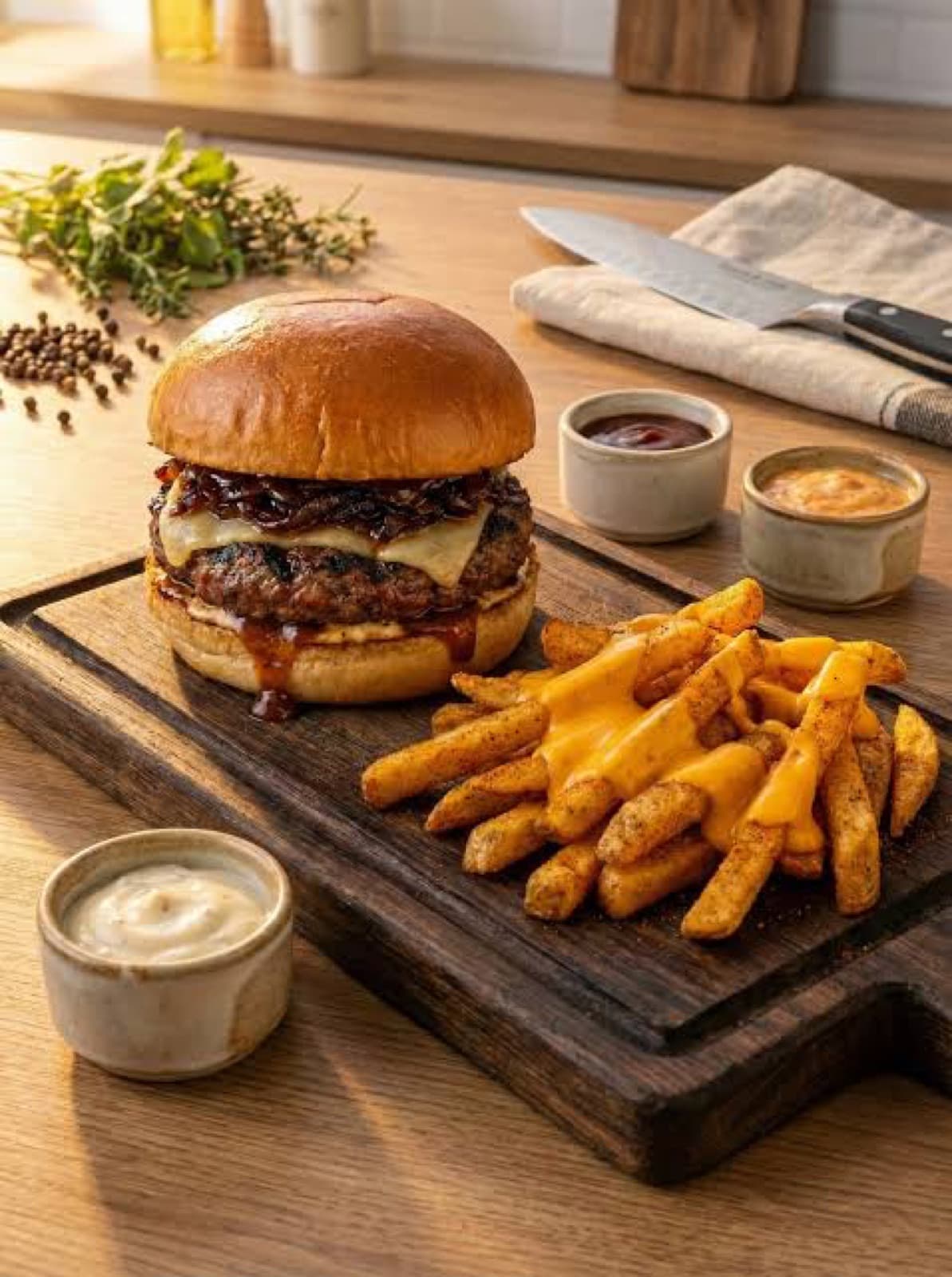 Duygusal yeme anlarını çağrıştıran hamburger ve patates kızartması